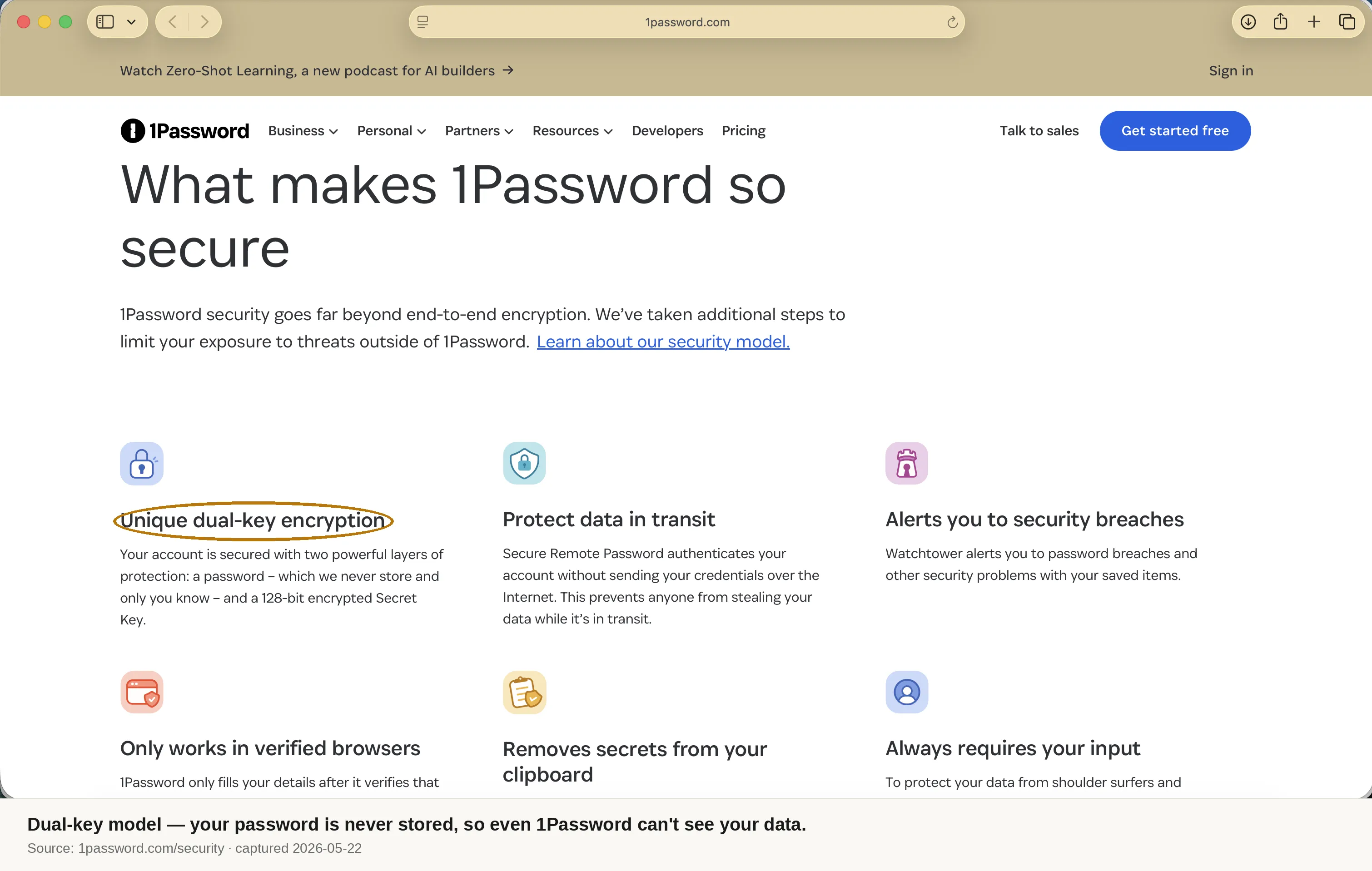 Screenshot of 1password.com security page describing 1Password's unique dual-key encryption with a 128-bit Secret Key.