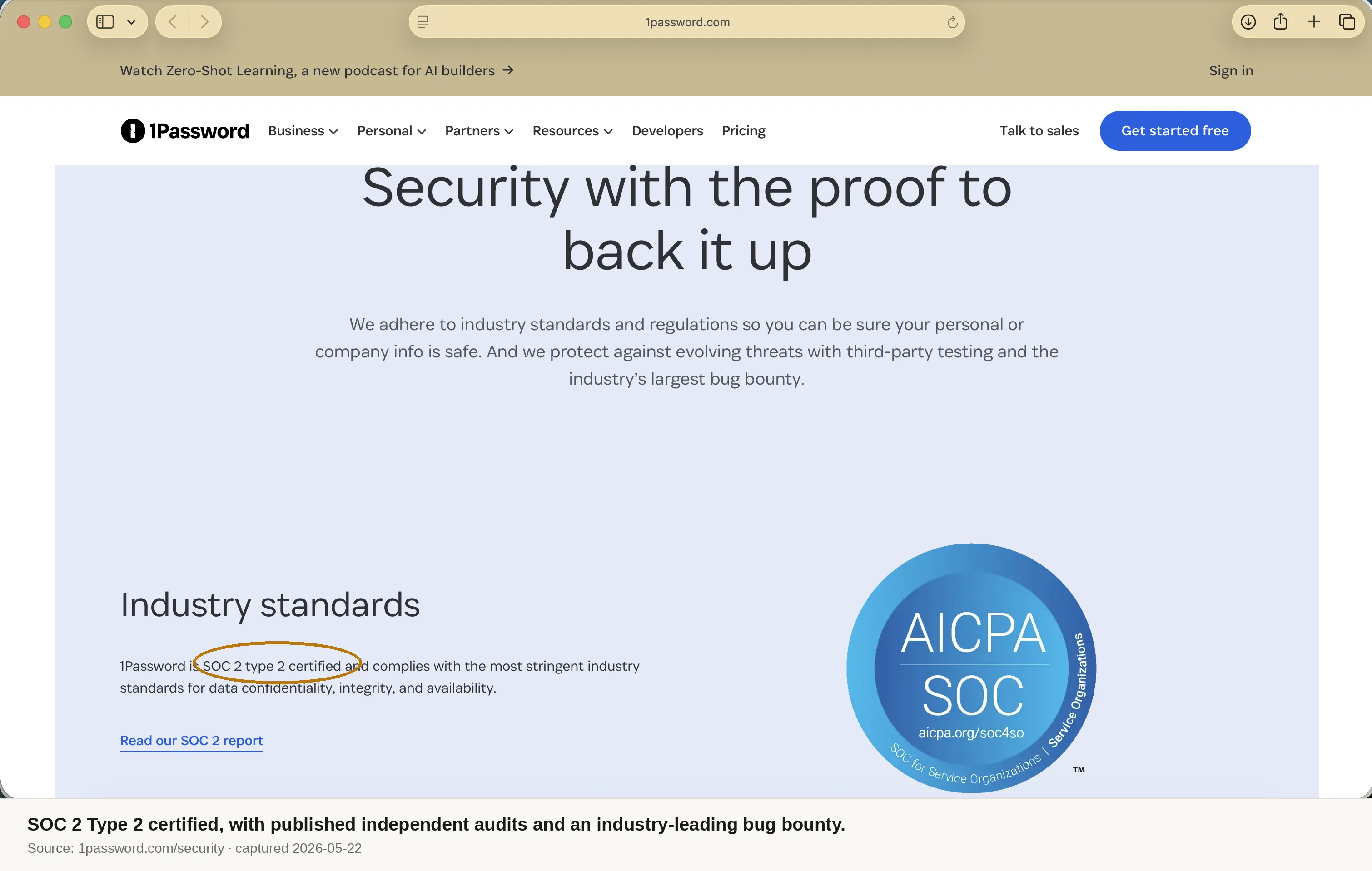 Screenshot of 1password.com/security stating 1Password is SOC 2 Type 2 certified with a published SOC 2 report.