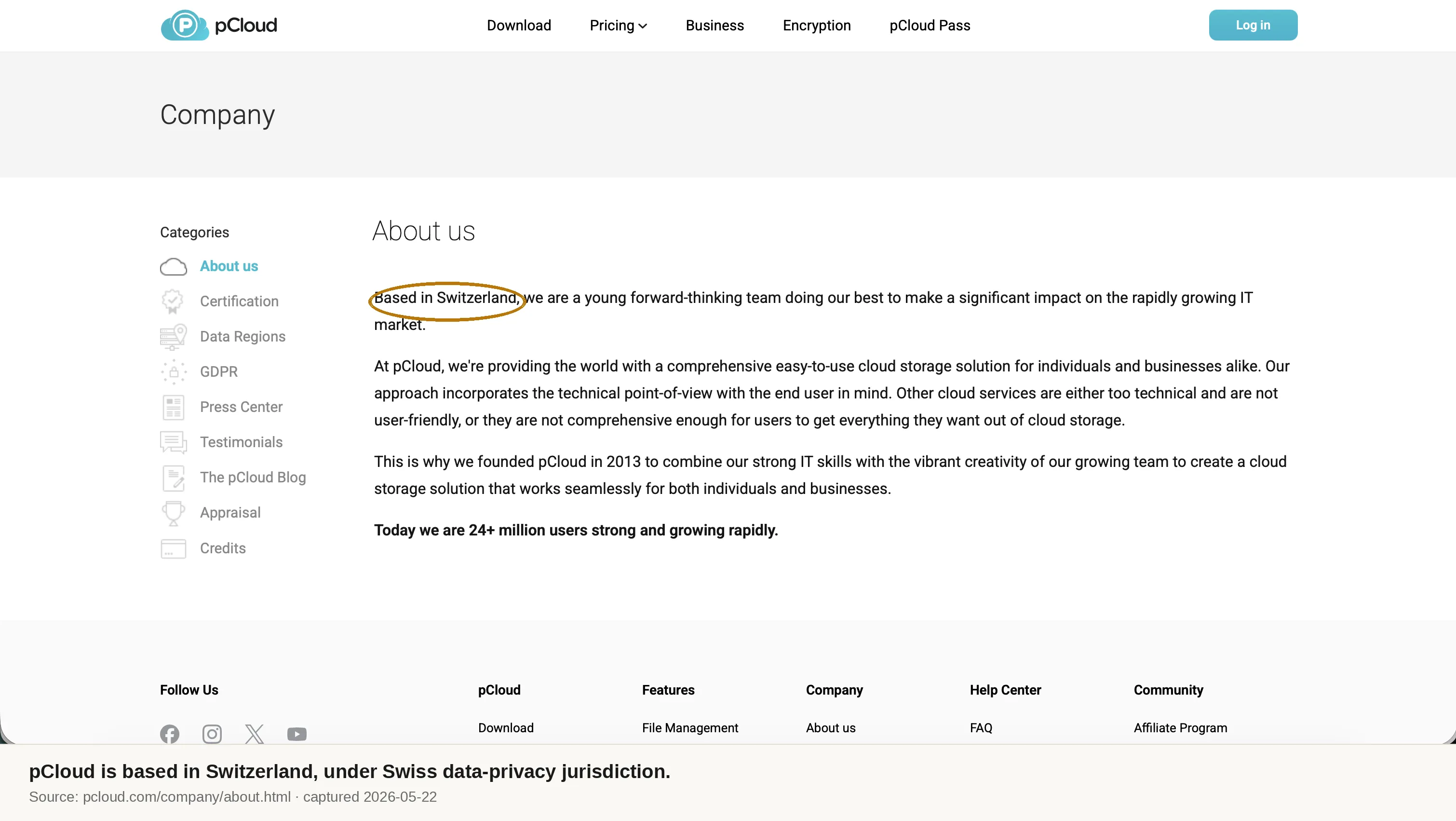 Screenshot of pcloud.com About page stating pCloud is based in Switzerland.