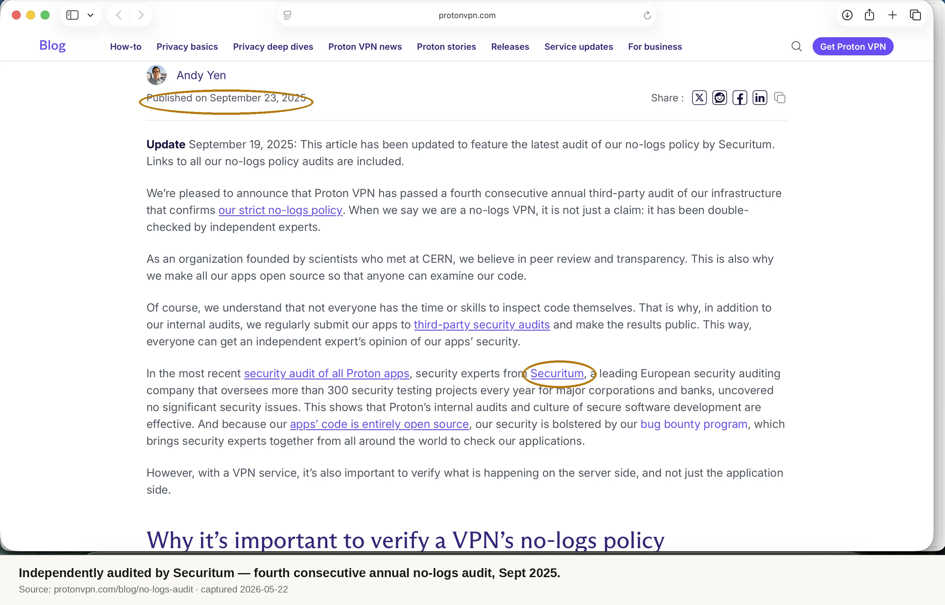 Screenshot of protonvpn.com no-logs audit post, dated September 23 2025, naming auditor Securitum.